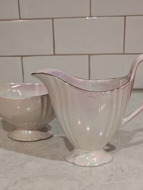 vintage Royal Winton Grimwades iridescent pink lustreware sugar and creamer set.